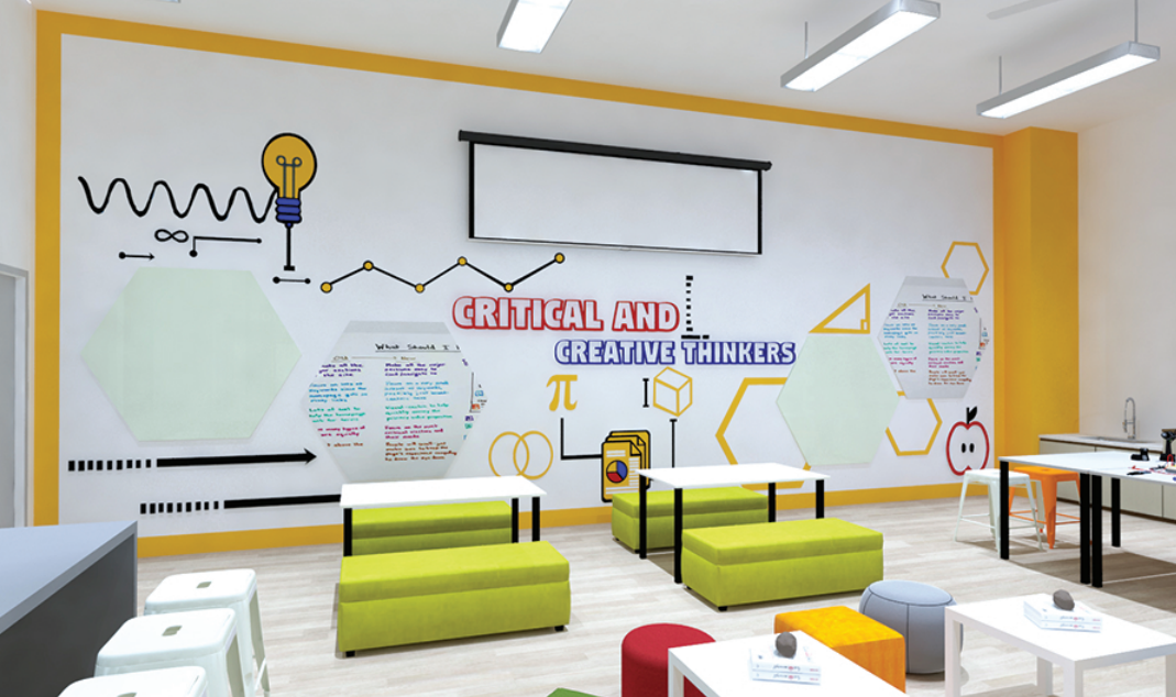 Classroom with green benches, tables, and wall mural reading CRITICAL AND CREATIVE THINKERS with math icons.