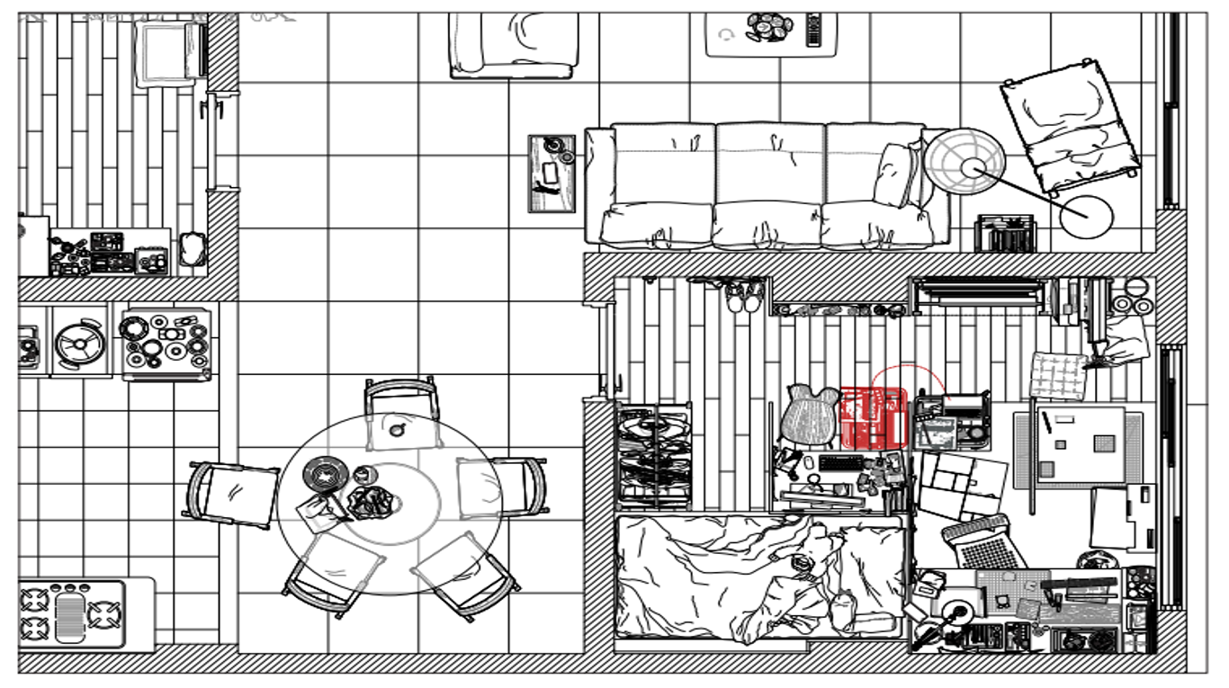 Black and white top-down floor plan drawing showing a furnished apartment with kitchen, dining area, living room, and cluttered bedroom.