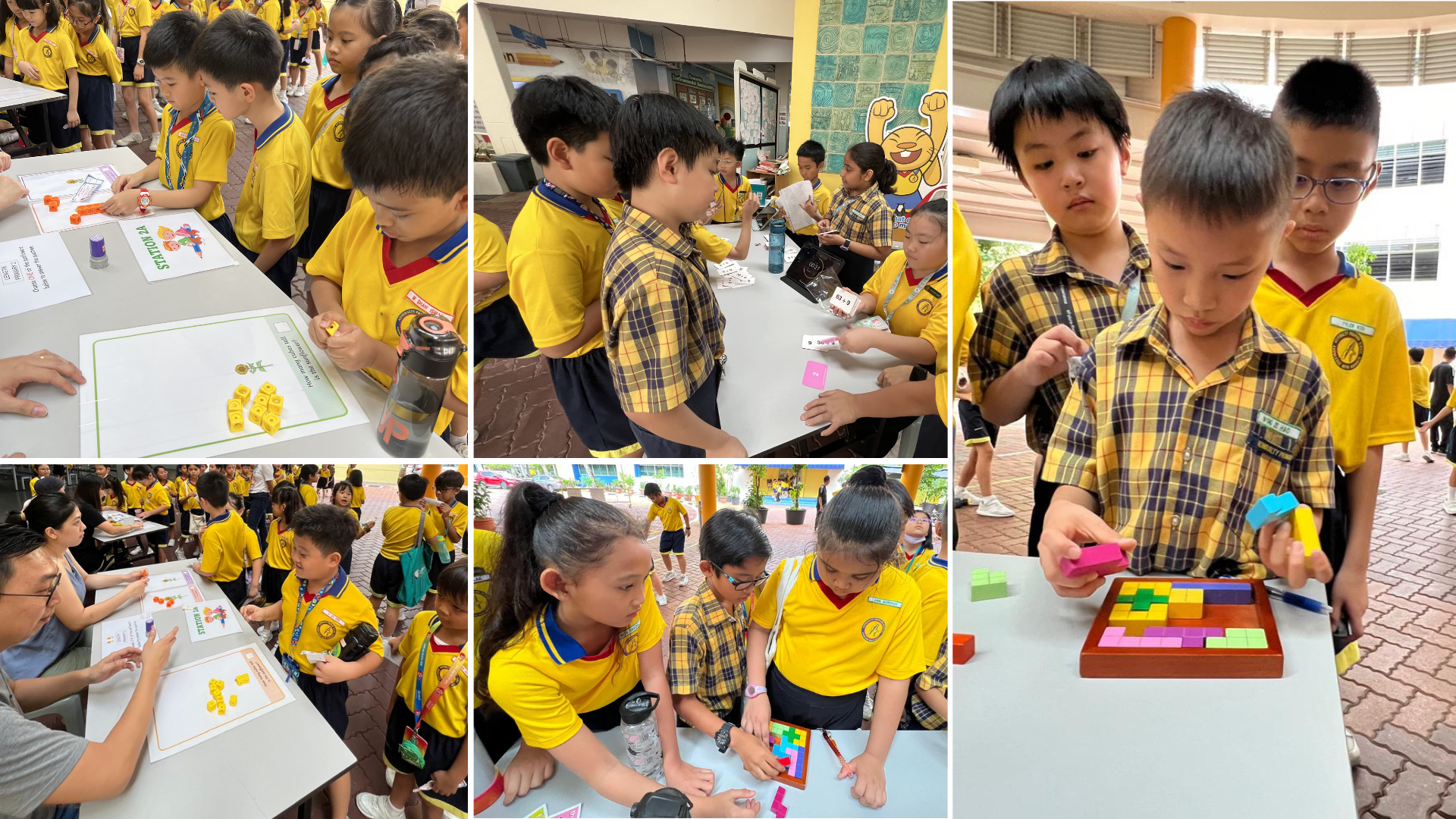 Young students in yellow uniforms play math and puzzle games with colorful blocks and cards at outdoor tables.