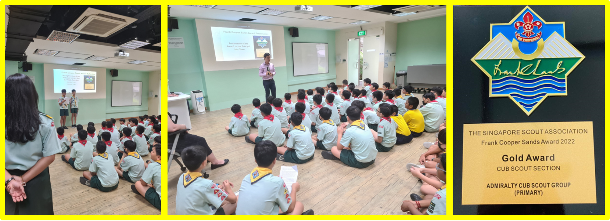 Cub scouts sit on a floor during a presentation, beside a Singapore Scout Association Frank Cooper Sands 2022 Gold Award plaque.