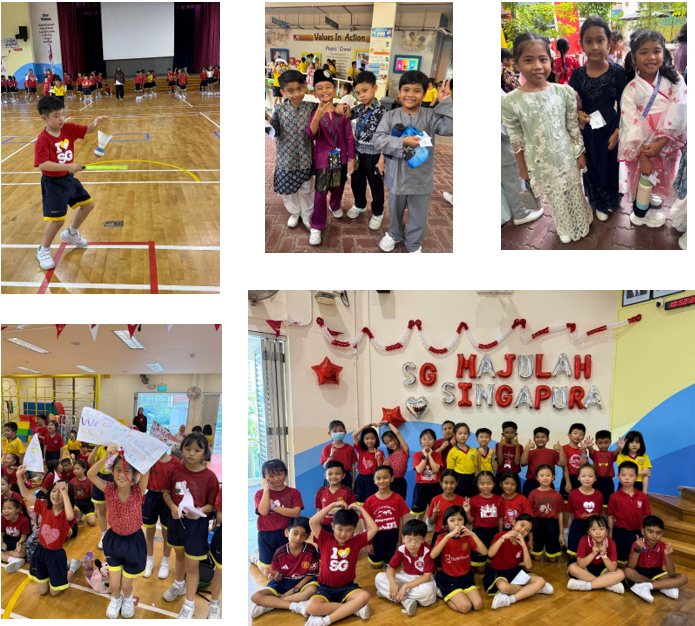 Children celebrating Singapore's National Day in traditional costumes and red shirts, posing near a "Majulah Singapura" sign.
