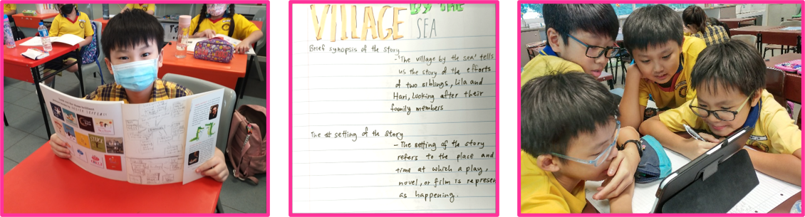 Three school scenes: a masked boy reading, handwritten notes on "Village by the Sea," and kids gathered around a tablet.