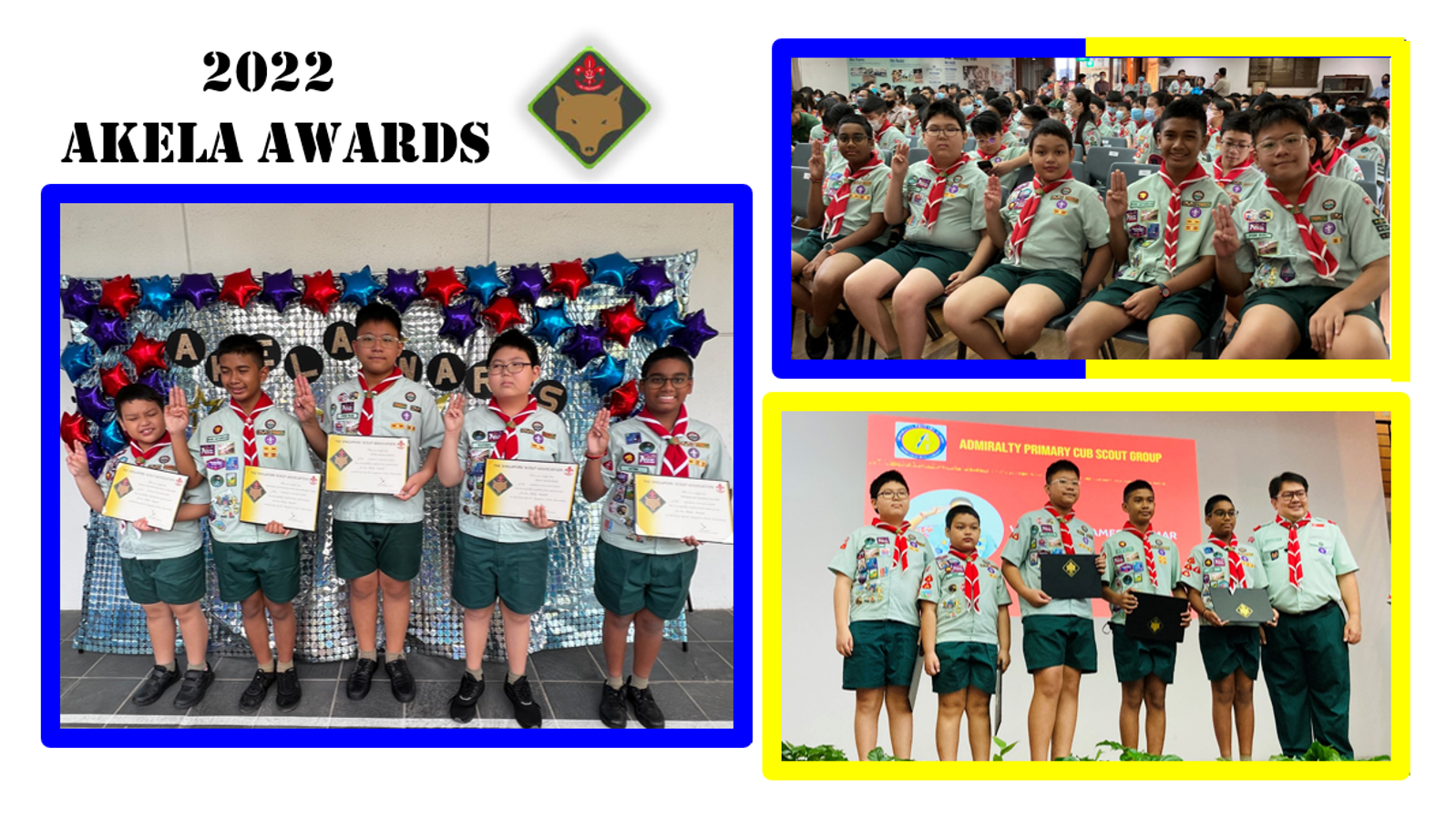 Three photos from the 2022 Akela Awards showing cub scouts in uniform holding certificates and posing together.