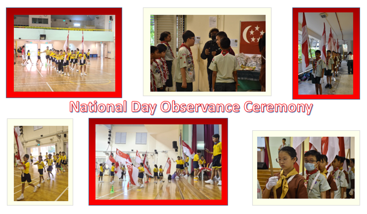 Six photos of students in uniforms carrying Singapore flags during a National Day Observance Ceremony.