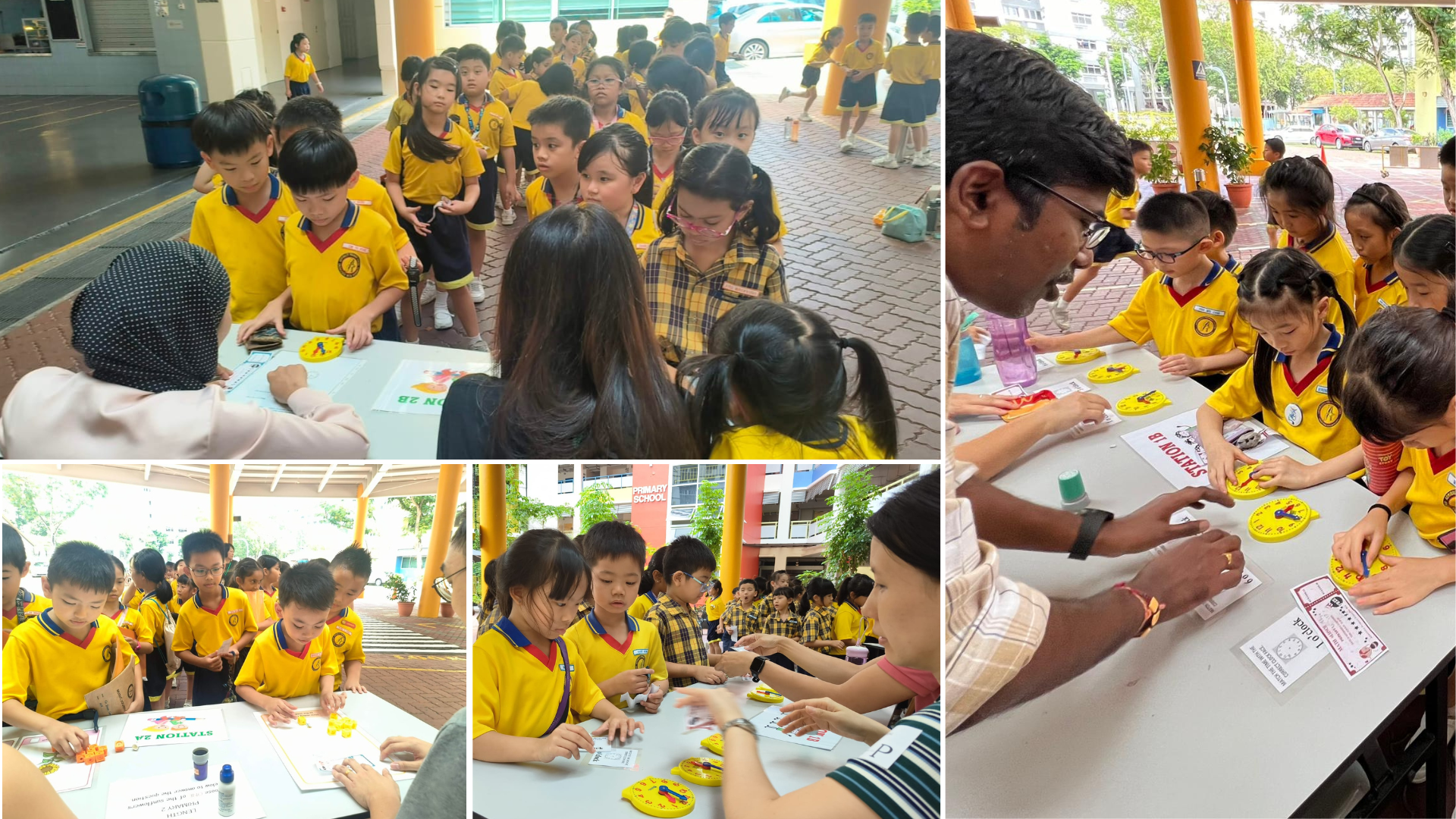 Young students in yellow uniforms work at outdoor tables with clock learning tools, guided by adults at school stations.