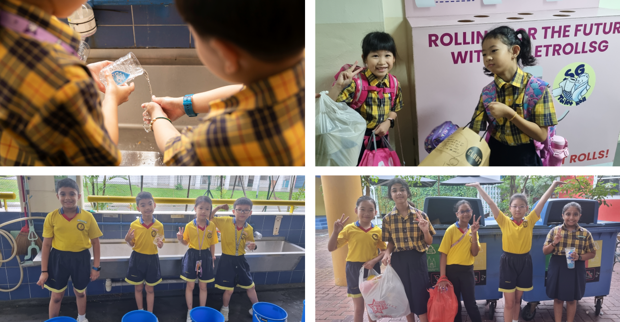 Four photos of schoolchildren in yellow uniforms doing recycling and water conservation activities at school.