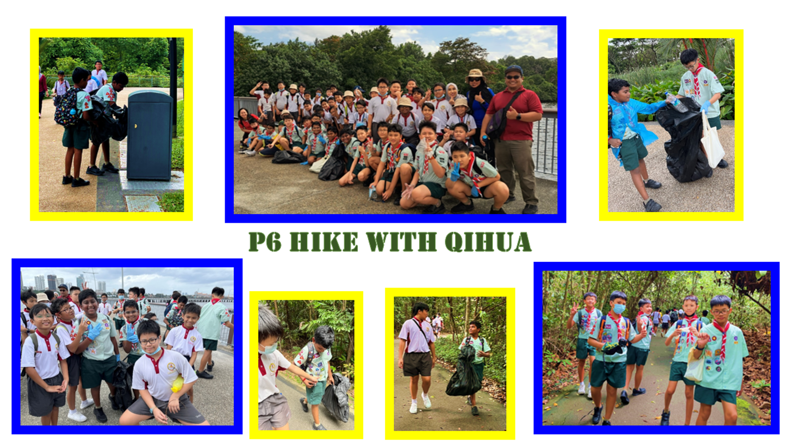 Collage of young scouts on a P6 hike with Qihua, picking up litter outdoors in a park setting.