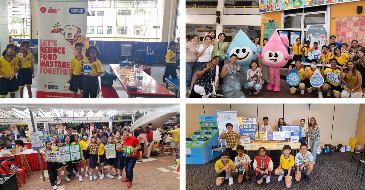 Four scenes of primary school students at eco and food waste awareness events with mascots and informational banners.