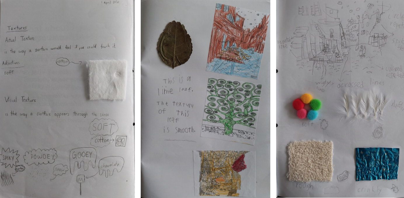 Three notebook pages about textures with handwritten notes, drawings, a real leaf, pom poms, fabric, and foil samples.