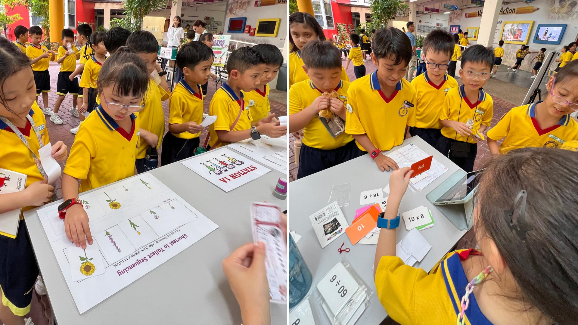 Young students in yellow uniforms do math activities at tables, sorting flowers by height and solving multiplication cards.