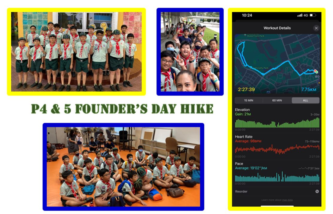 Three photos of uniformed schoolchildren on a P4 and 5 Founder's Day Hike, alongside a workout app showing 7.75km route.