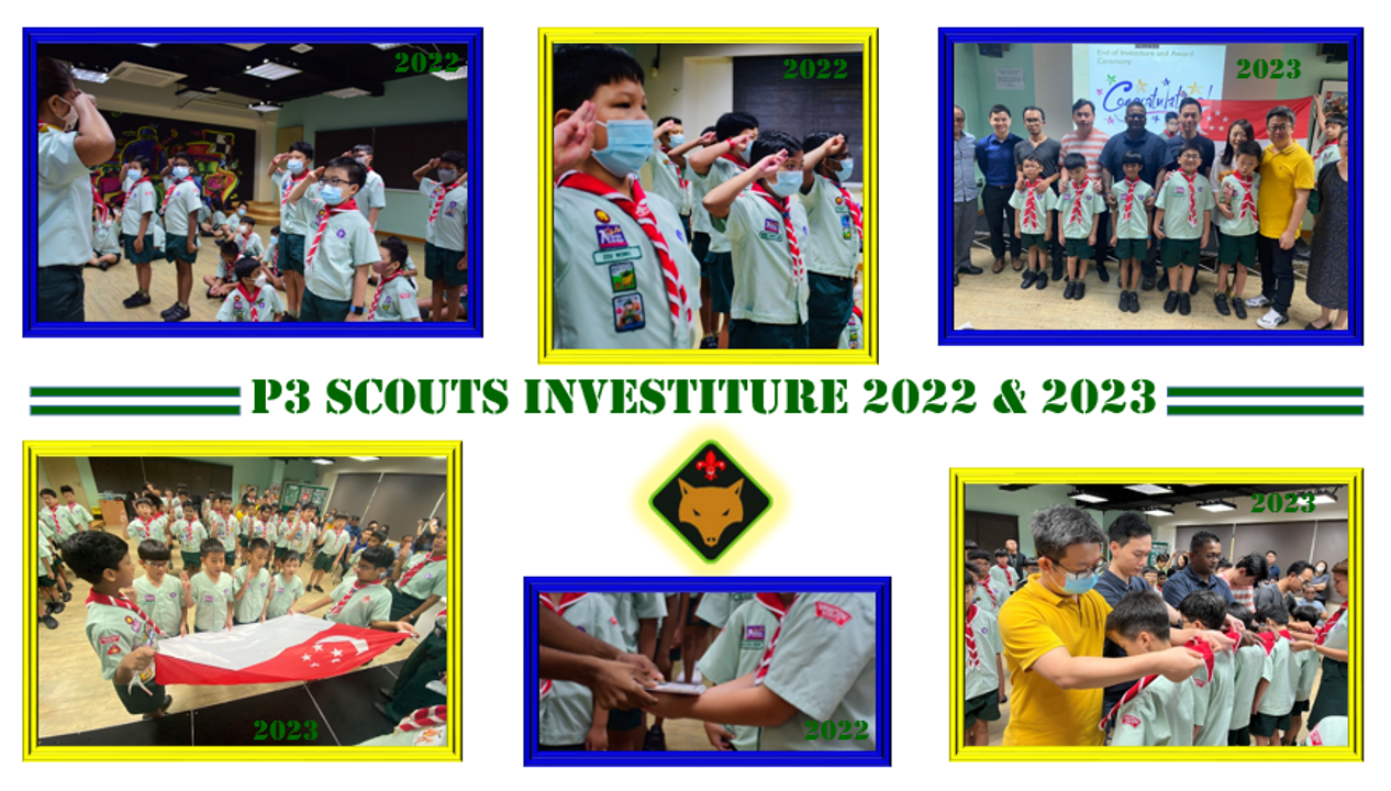 Collage of young scouts in uniform saluting, holding a flag, and receiving scarves at P3 Scouts Investiture 2022 and 2023.