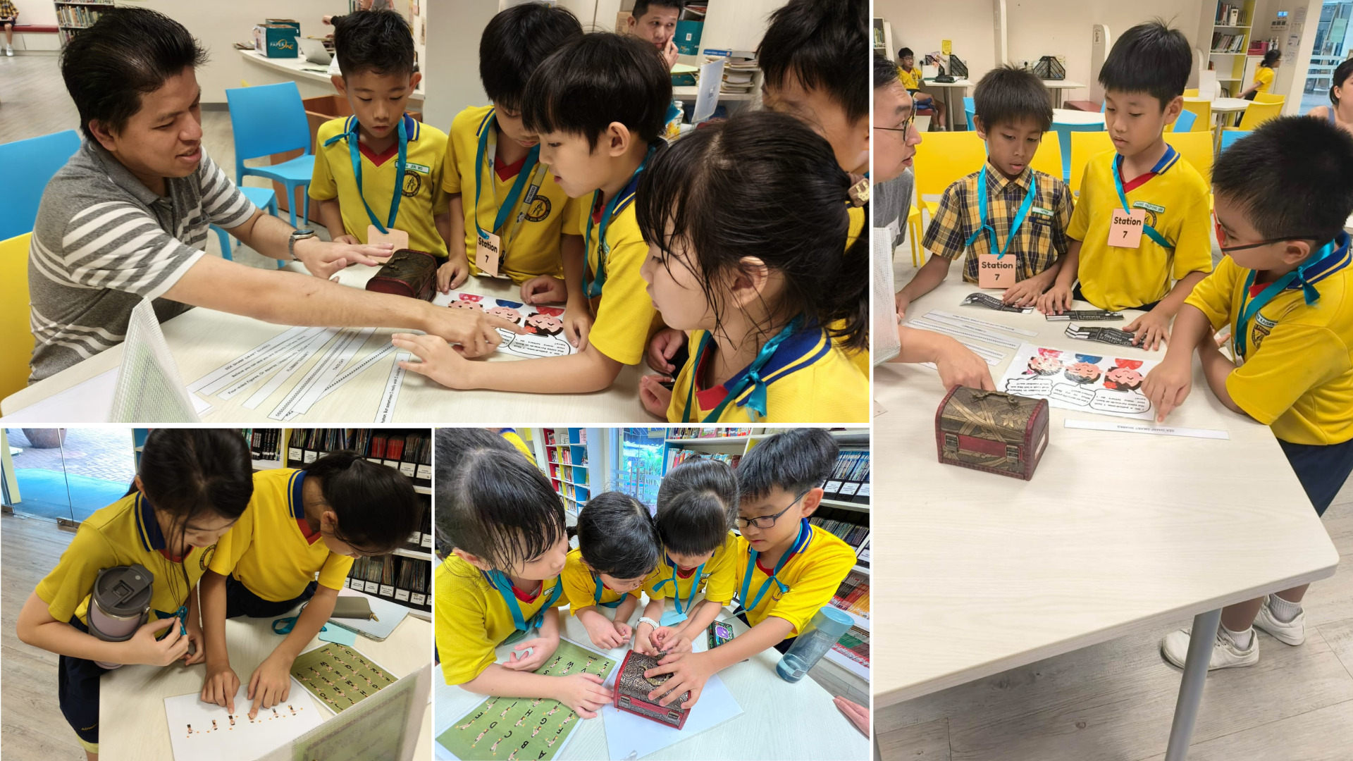 Children in yellow uniforms work on activity sheets at Station 7 in a library, guided by adults.