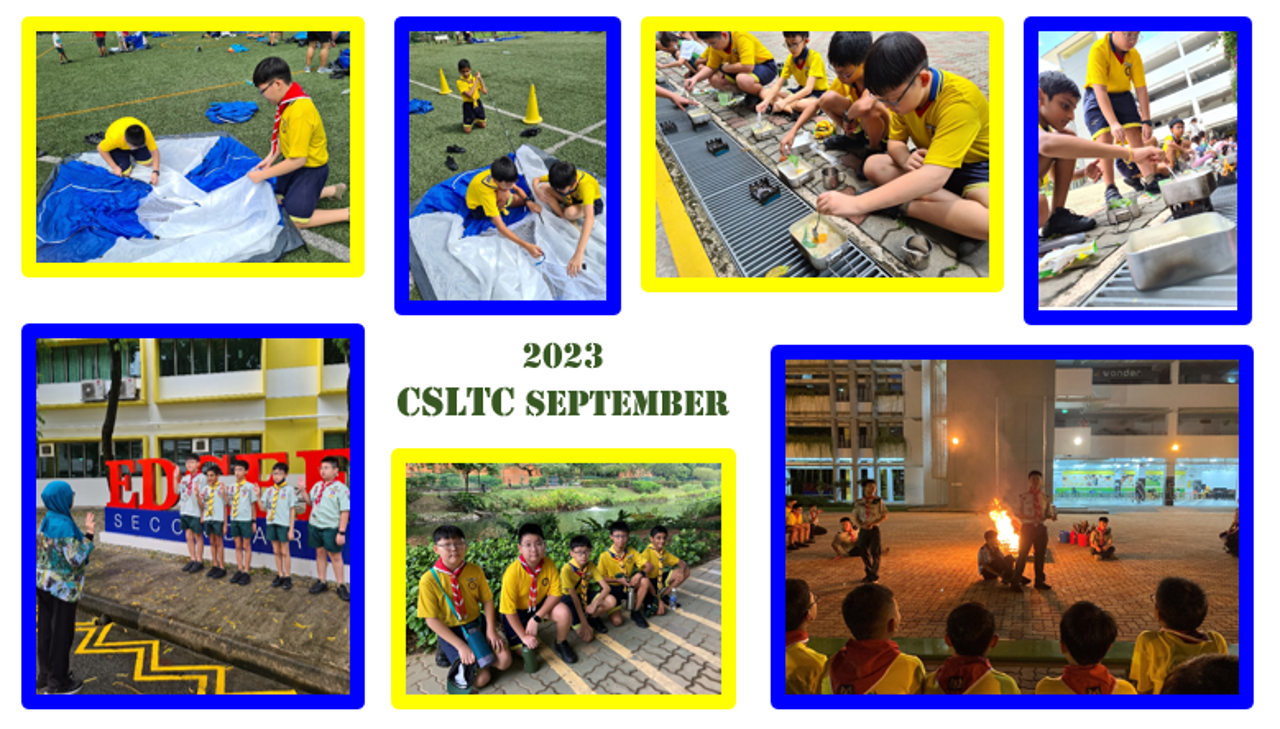 Collage of scouts in yellow uniforms doing camp activities in September 2023 CSLTC, including campfire and tasks.