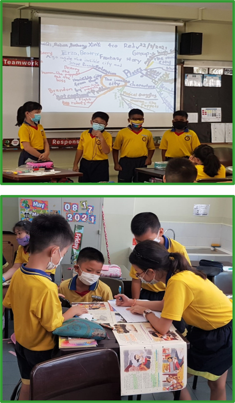 Students in yellow uniforms and masks present at a projector screen, and collaborate at a desk below.