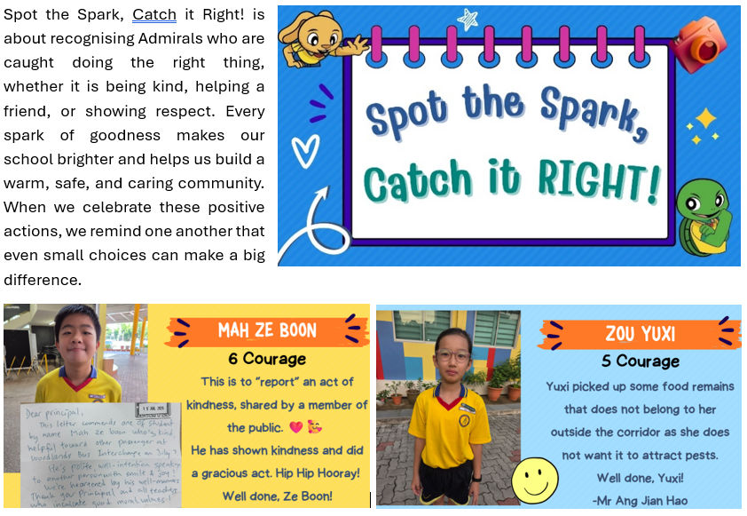 Colorful school poster titled Spot the Spark Catch it RIGHT with two students recognized for acts of kindness and courage.