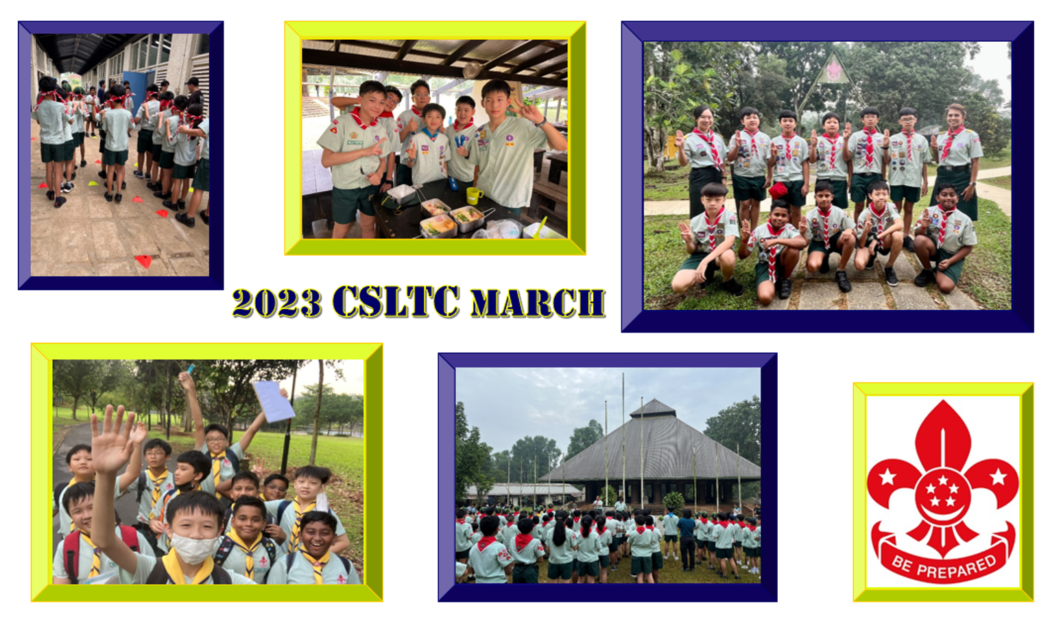 Collage of young scouts at 2023 CSLTC March event, showing group activities, meals, and a scout Be Prepared badge.
