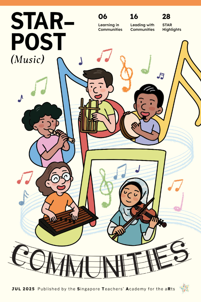 Cover of Star-Post Music edition showing five cartoon children playing various instruments around a large musical note, titled Communities.