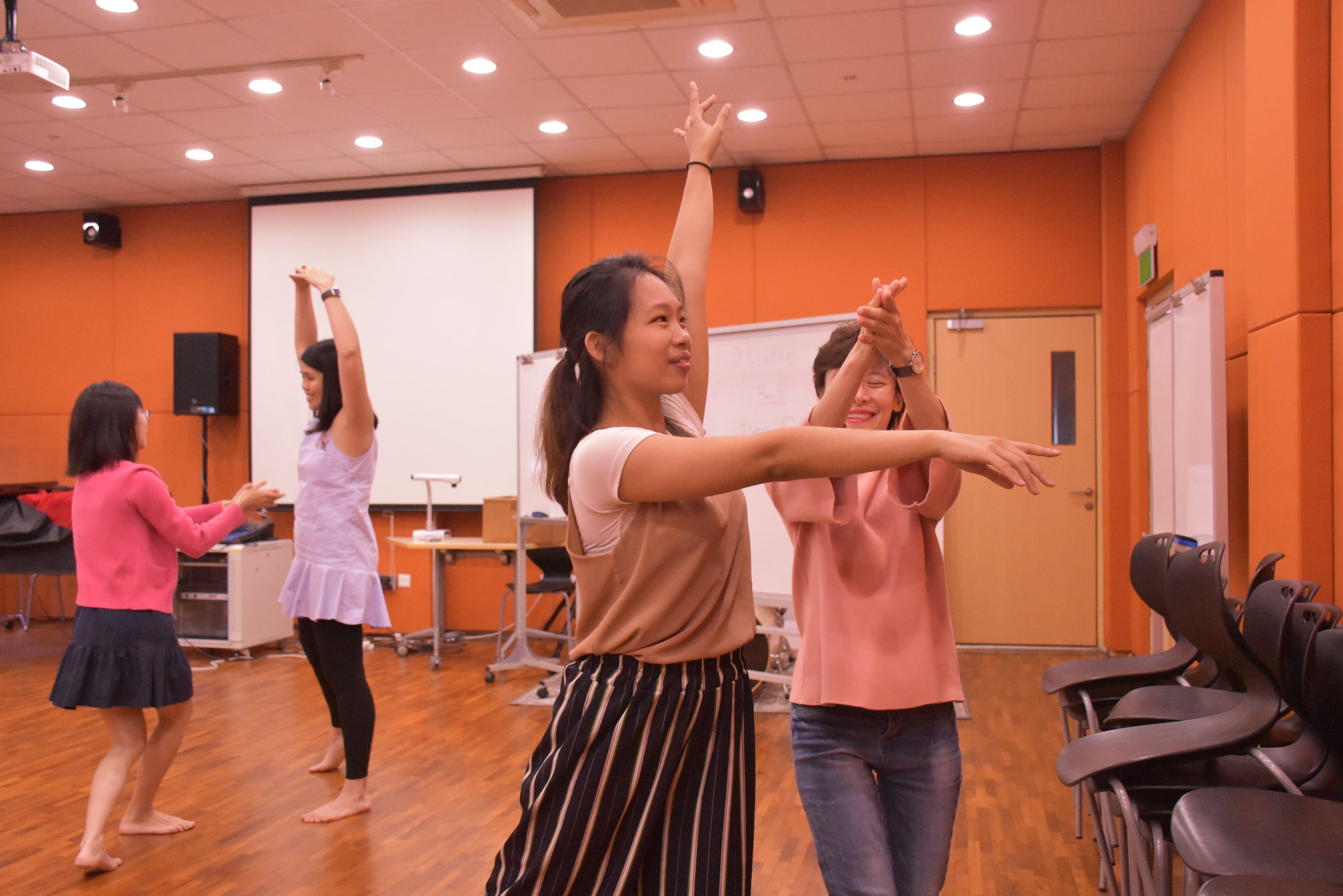 Photo taken during Dalcroze workshop. Four women dance together during workshop activity, in an orange-walled room with a projector screen, arms raised and extended, smiling.