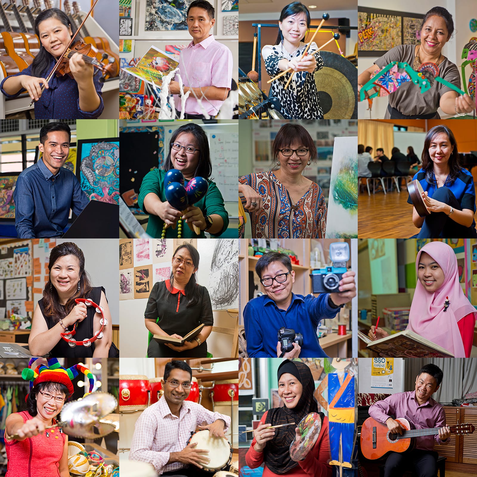 A collage of 16 Singapore Arts educators posing with various art and music items like violins, drums, cameras and paintings.