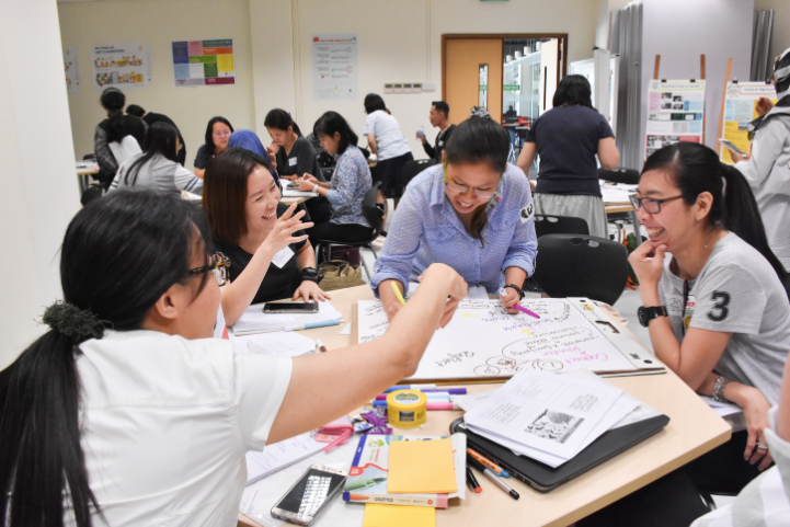 A group of Art teachers collaborate around a table, engaged in discussion over a large sheet of paper in a workshop setting.