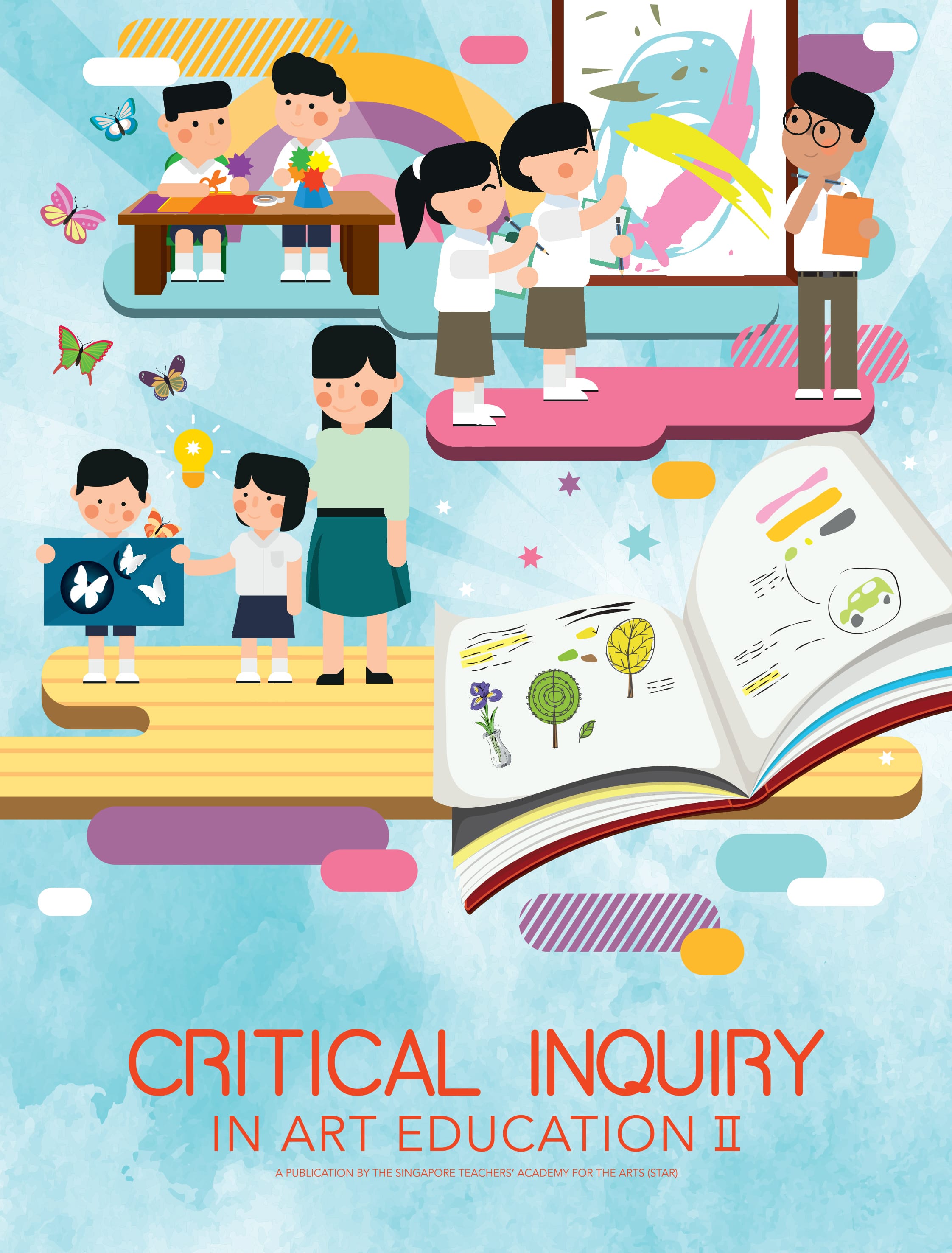 Colorful book cover titled Critical Inquiry in Art Education II showing cartoon children doing art activities with butterflies and an open sketchbook.
