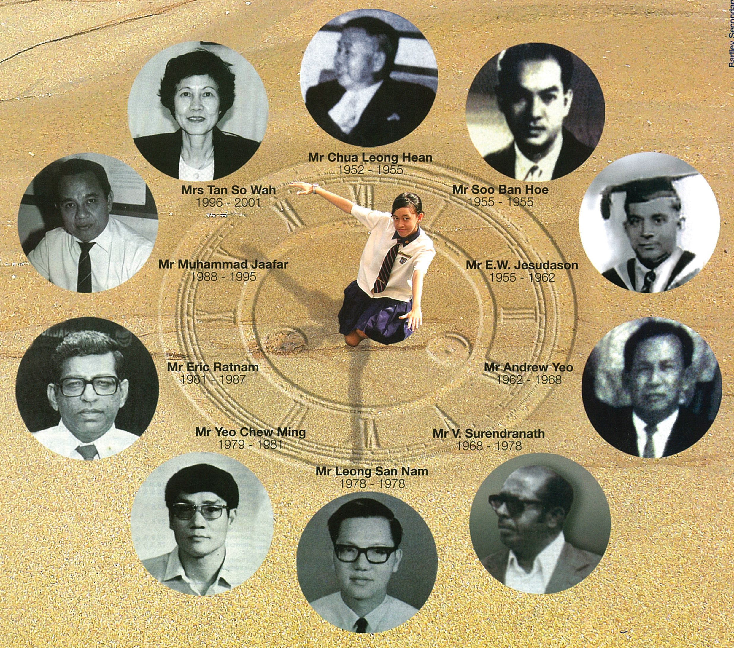 Circular collage of eleven black-and-white portraits of named school principals from 1952 to 2001, arranged around a student on sand.