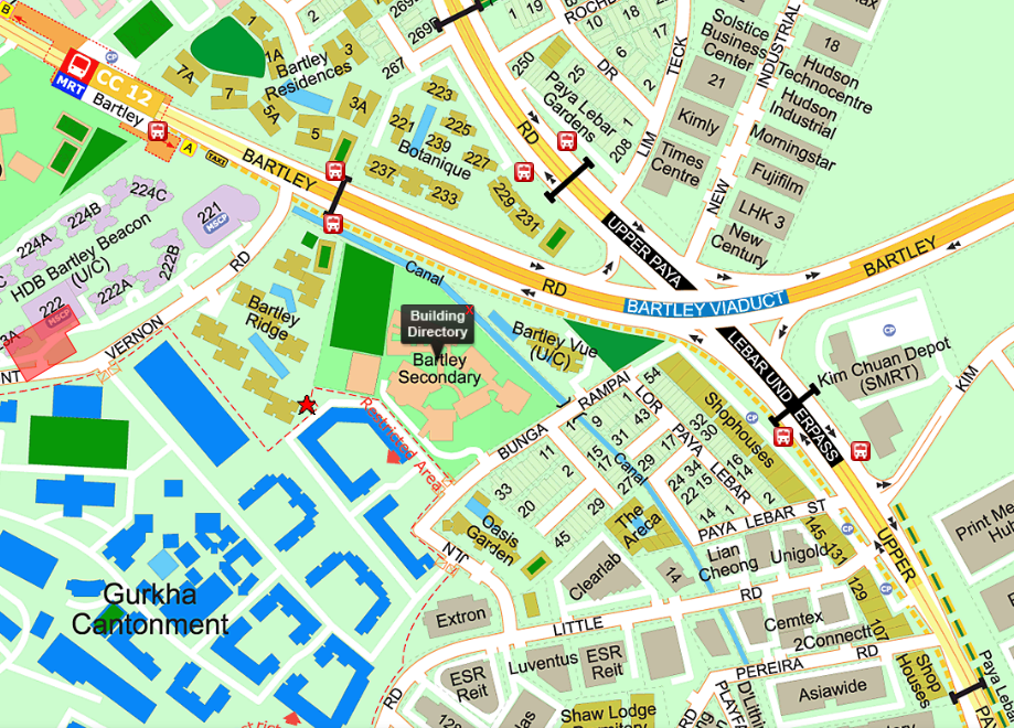 Street map of Bartley area in Singapore showing MRT station, Bartley Secondary School, and Gurkha Cantonment.