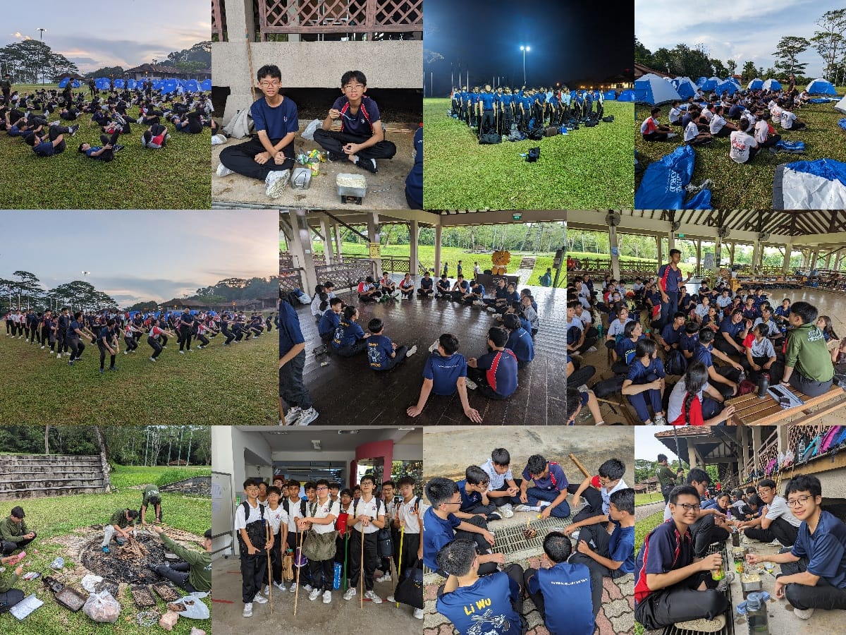 Collage of students in uniforms at an outdoor camp, doing group activities, sitting in circles, and gathered on fields.