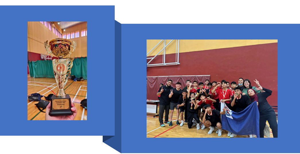 A hand holds a gold trophy on the left; on the right, a group of teens in red jerseys pose in a gymnasium.