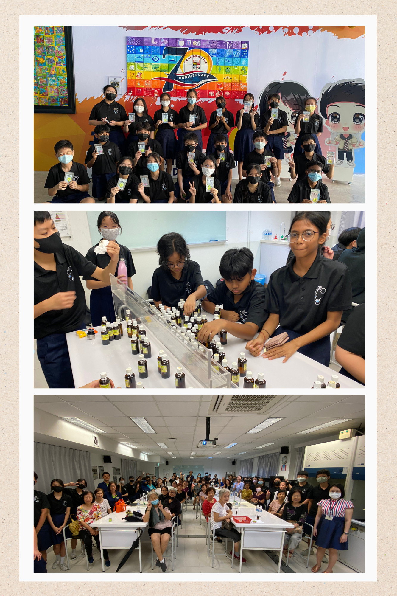 Three photos with first one of students in front of the 70th Anniversary logo, 2nd one of students in the perfumery lab, and third one of students with stakeholders in the perfumery lab.