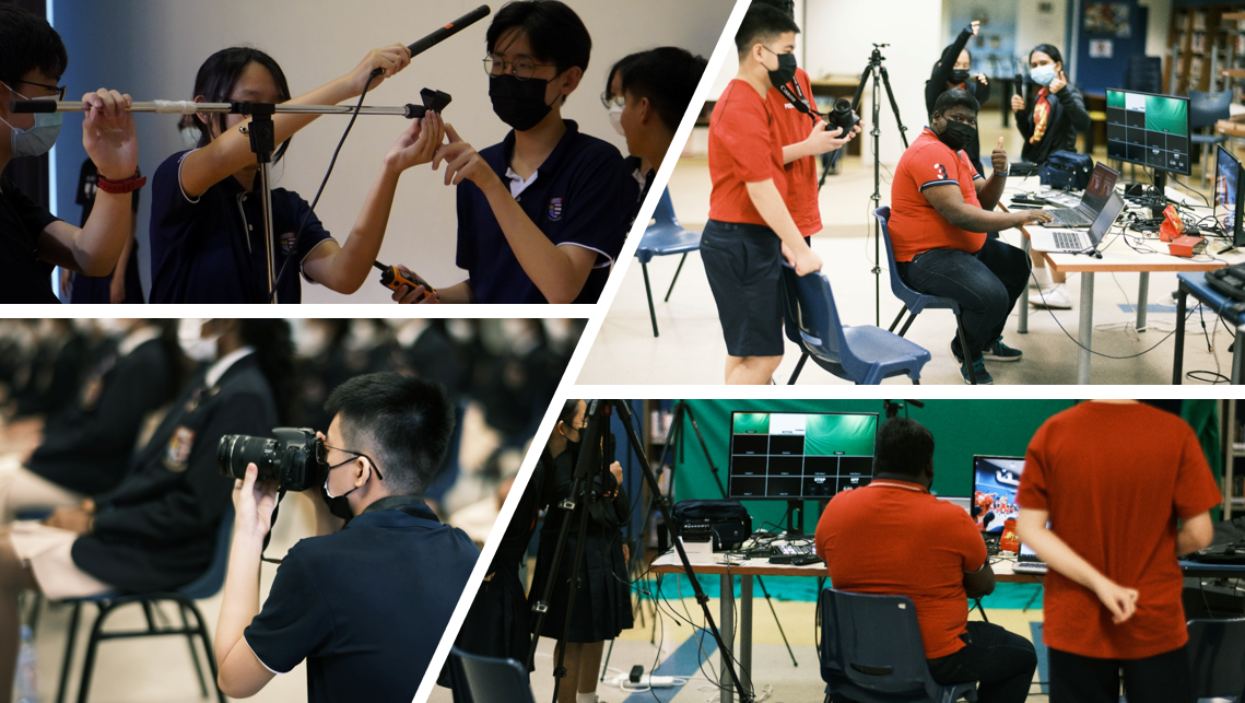 Four photos of masked students using cameras, boom mics, and computers in film and media production activities.
