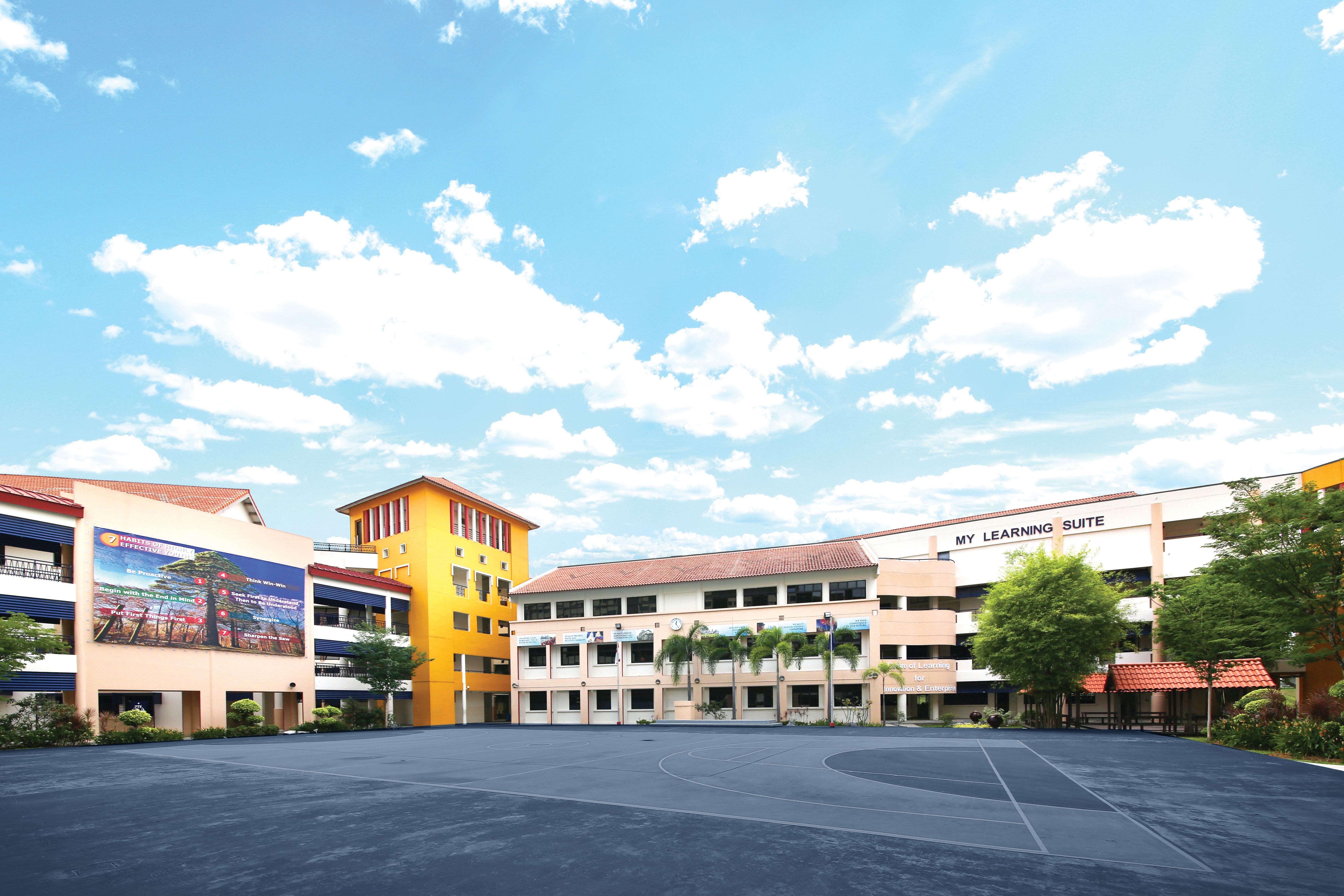 A school campus with multi-story buildings, a basketball court, trees, and a sign reading My Learning Suite under blue sky.