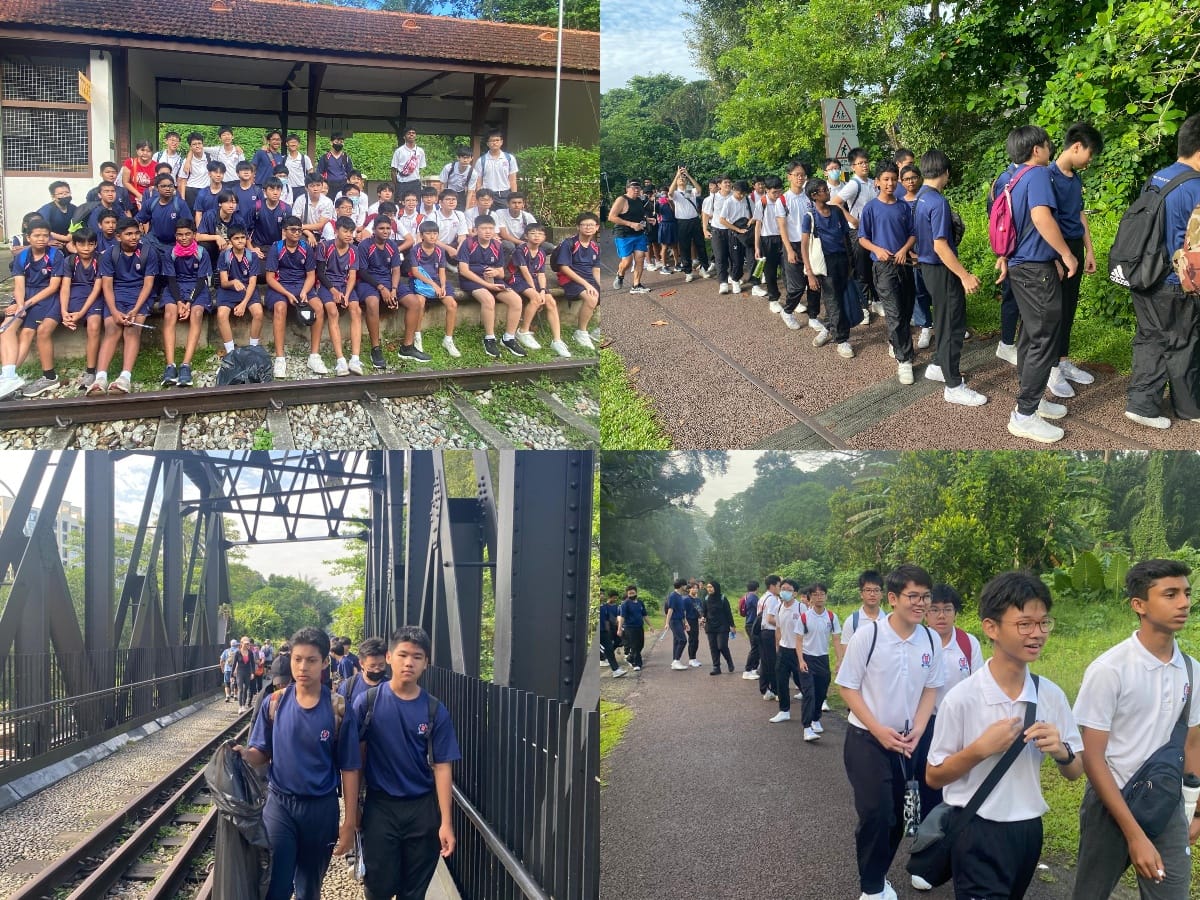 Four photos of school boys in uniforms on an outdoor trip, walking trails and posing on old railway tracks.