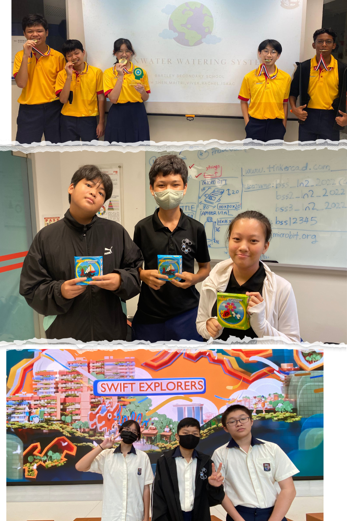 Three groups of school students posing: one with medals, one holding prize boxes, one before a Swift Explorers mural.
