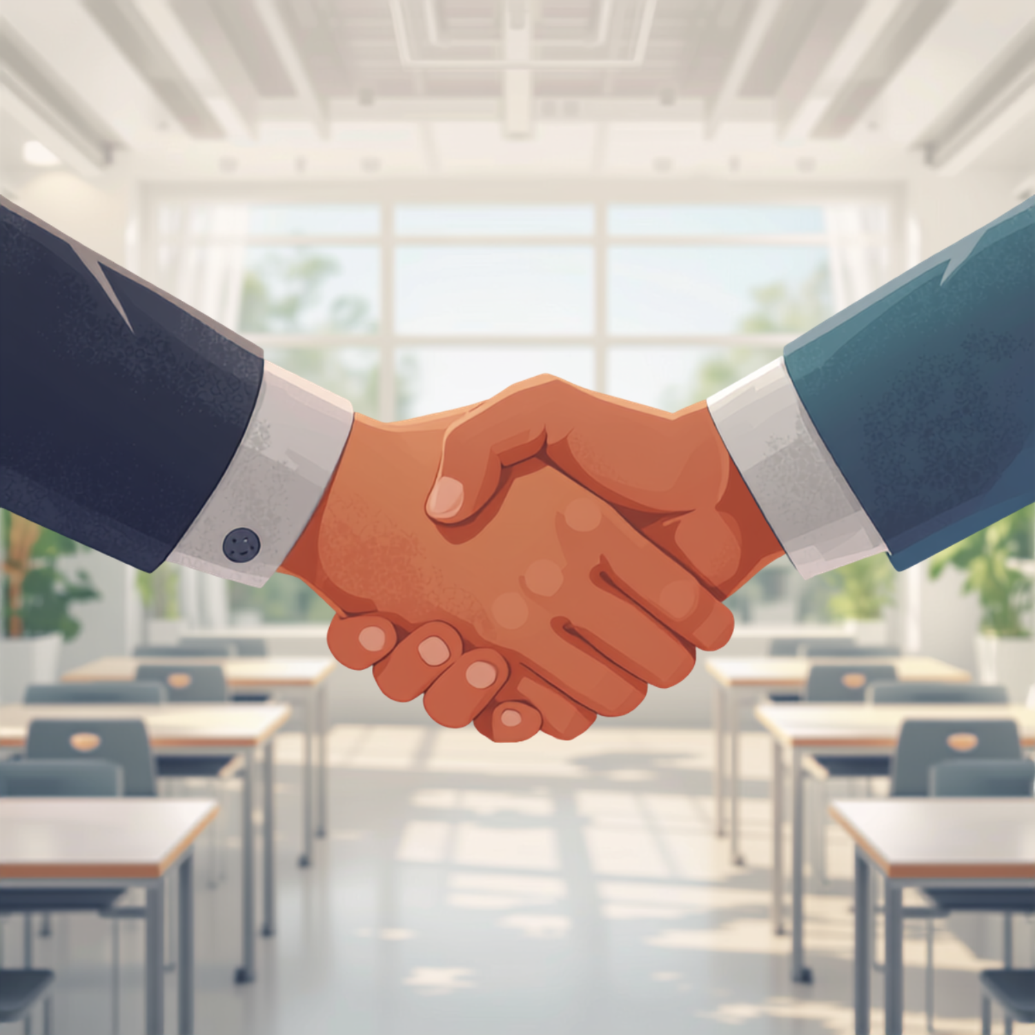 An image of two hands shaking in a classroom setting