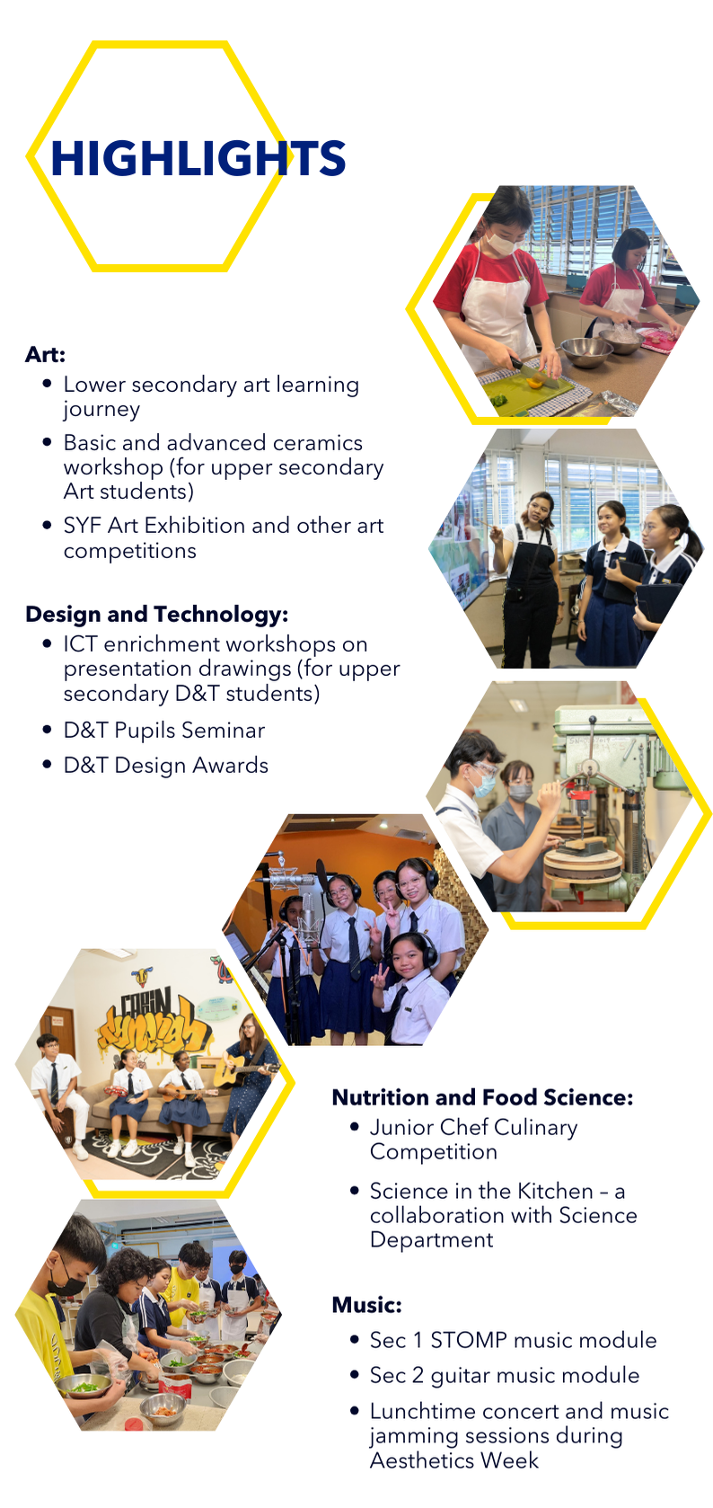 School highlights flyer showing students in cooking, music, design, and art activities inside hexagon-shaped photo frames.