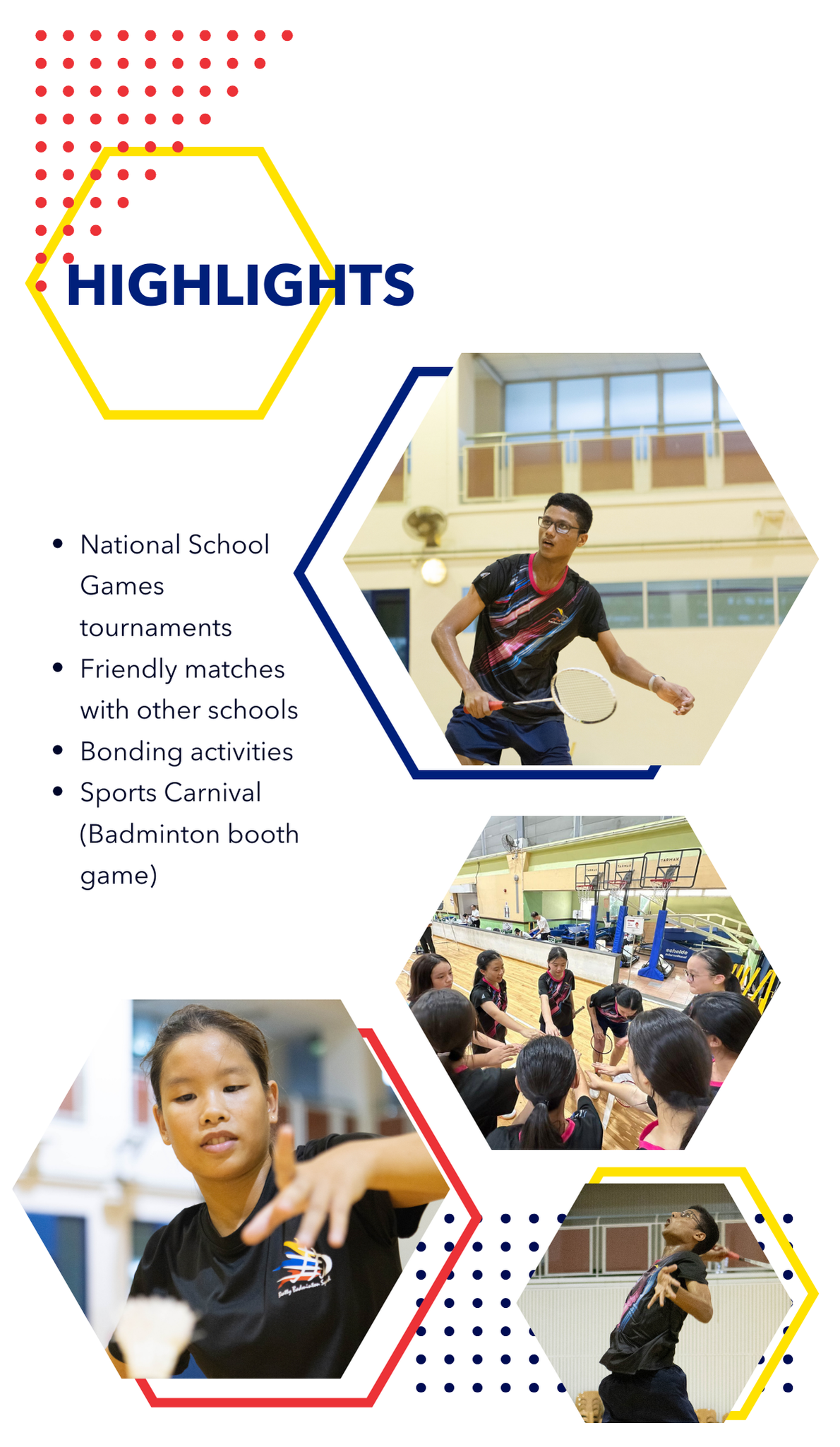 Highlights flyer showing students playing badminton indoors, a team huddle, and individual players in action.