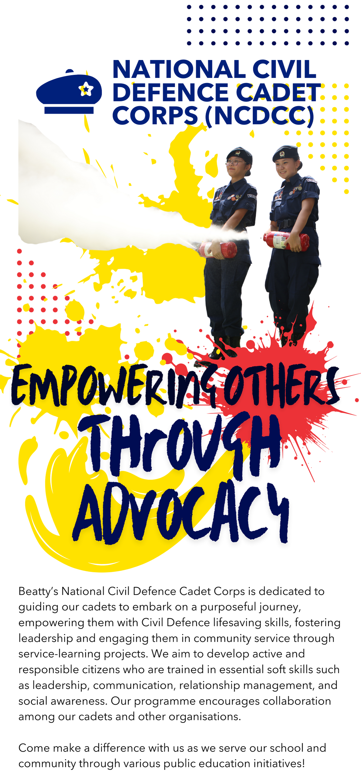 NCDCC promotional flyer with two cadets in uniform using fire extinguishers and bold text about empowering through advocacy.