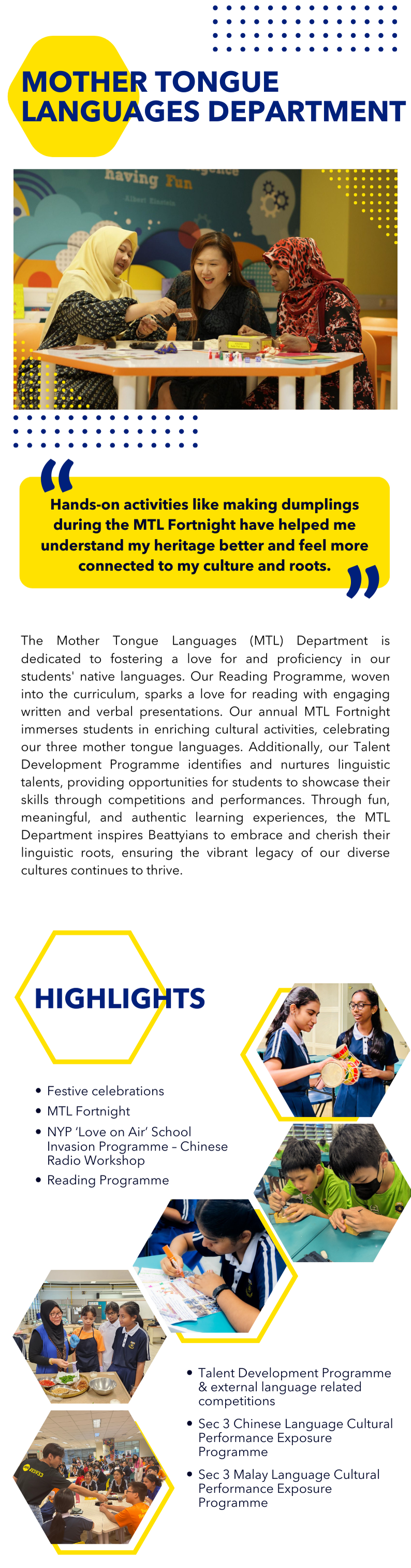 Flyer for Mother Tongue Languages Department featuring students doing cultural activities and program highlights.