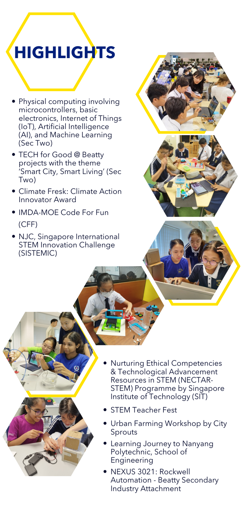 School STEM highlights flyer with hexagon-shaped photos of students doing hands-on tech and science activities.