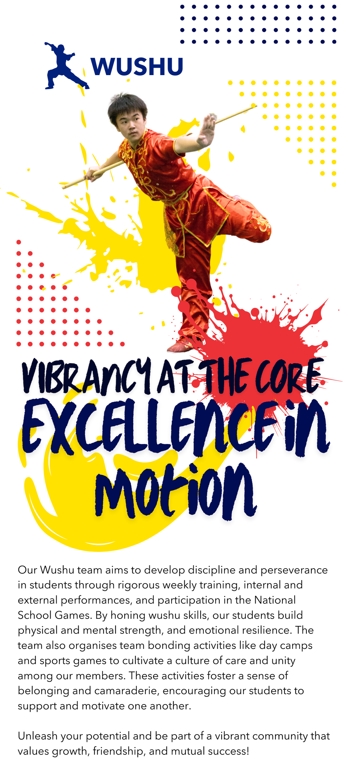 Wushu performer in red costume balancing on one leg while holding a staff, with bold text reading Excellence in Motion.