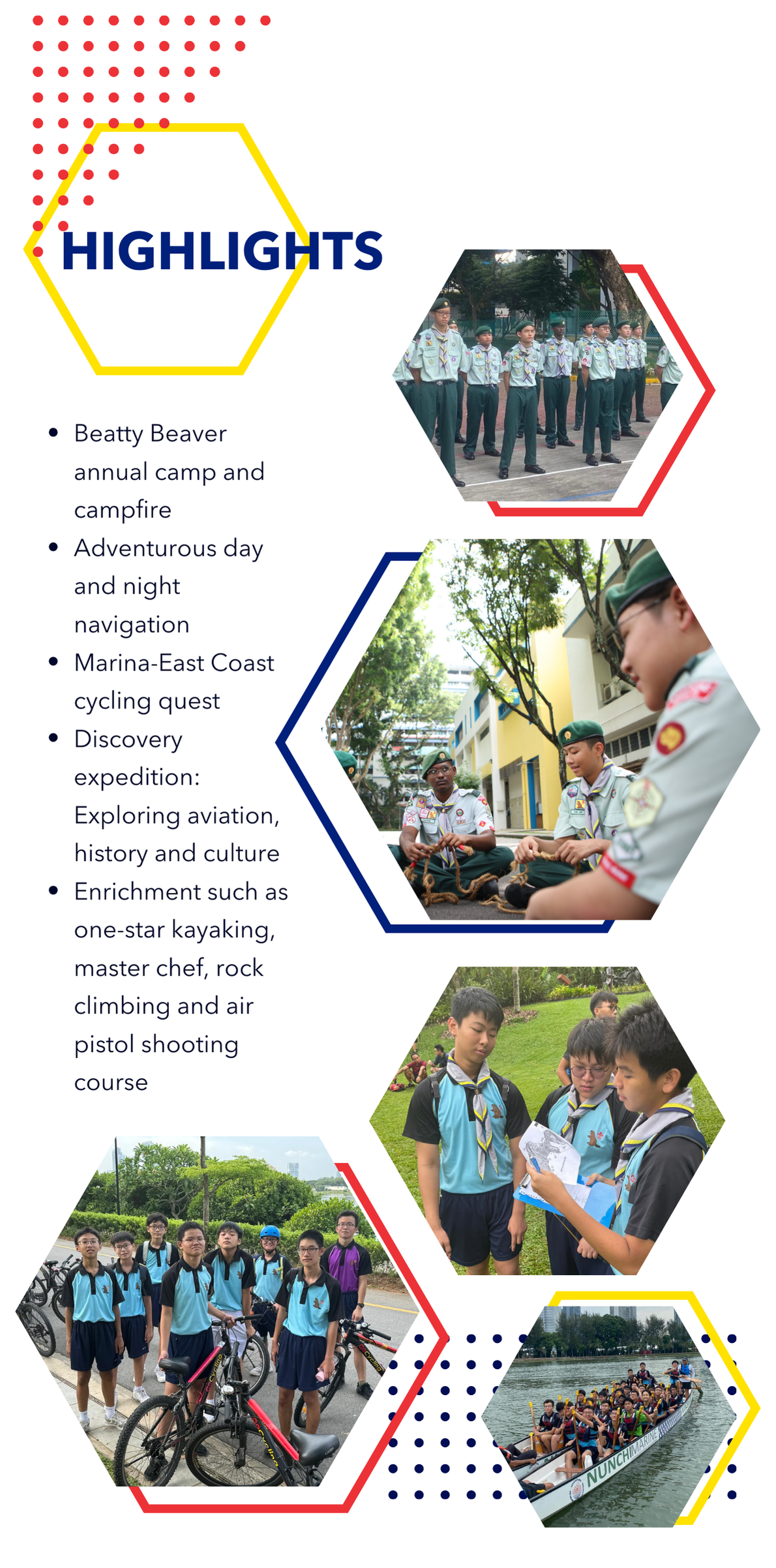 Highlights flyer showing scouts in uniform, students cycling, reading maps, tying ropes, and rowing a dragon boat.