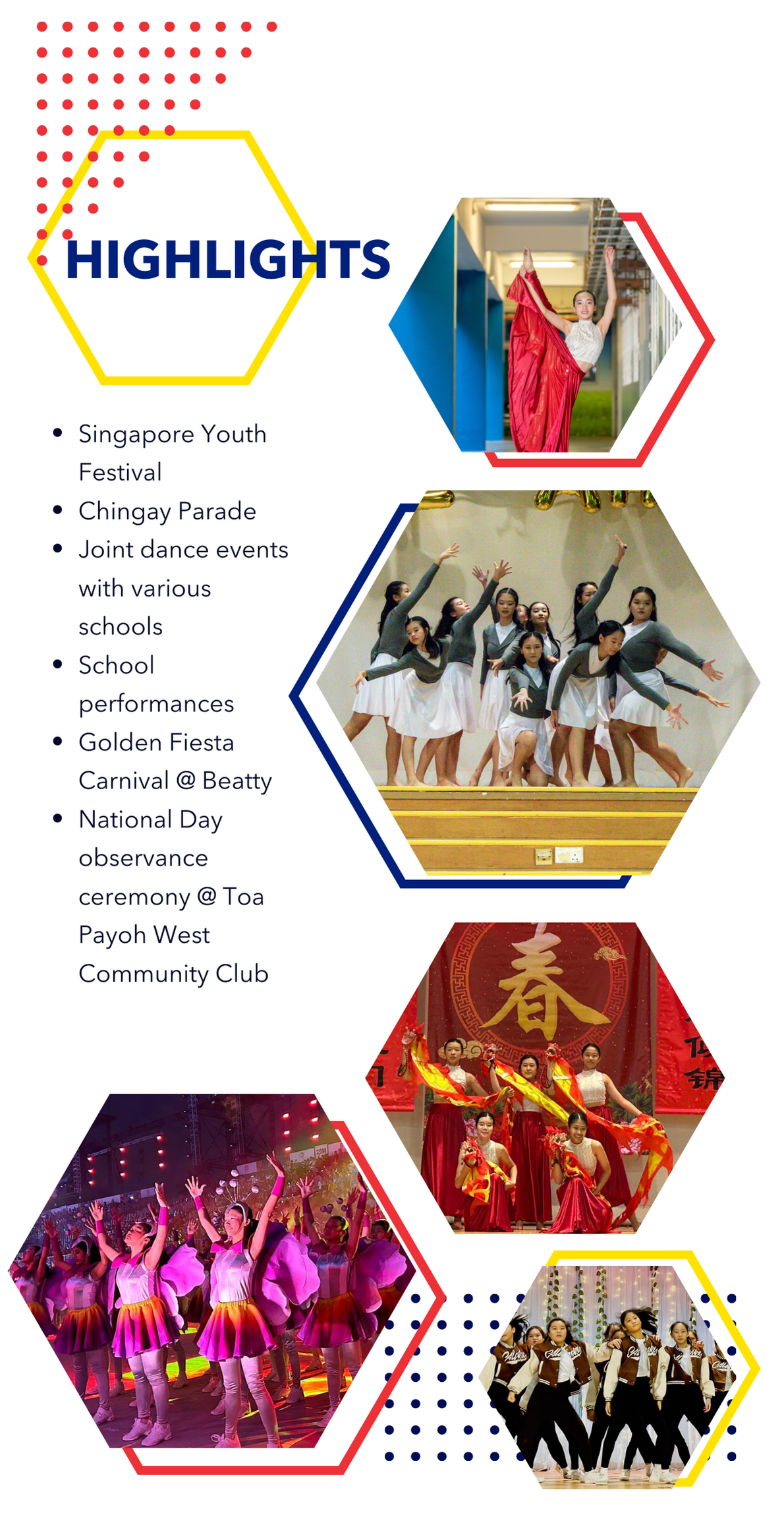 Highlights flyer showing five hexagonal photos of student dance performances at various school and community events.