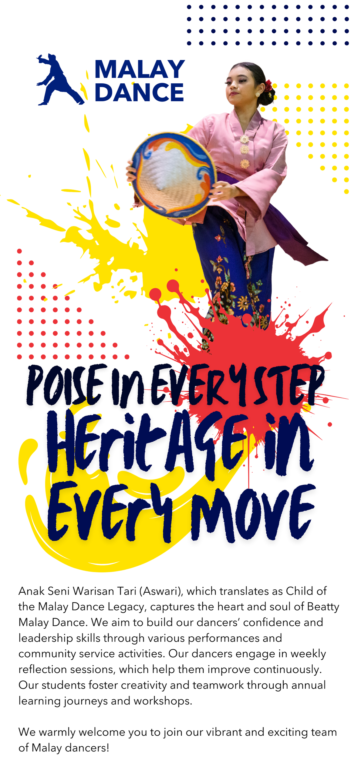 A woman in pink top and floral blue skirt holds a decorative tambourine, promoting Malay Dance with bold text.