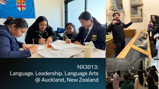 Four students in uniforms write at a desk near a Fiji flag, beside museum visit photos, labeled NX3013 Auckland.