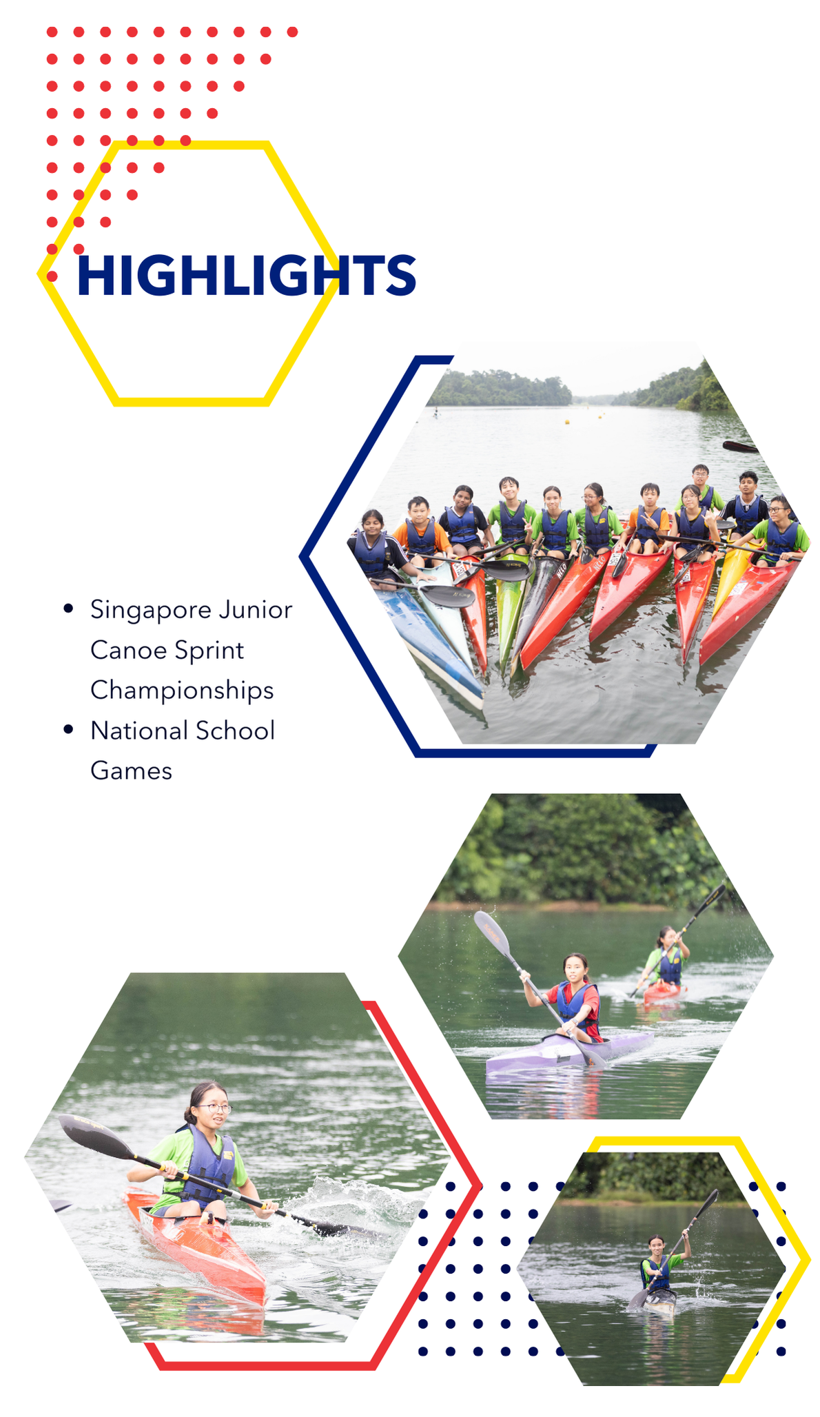 Highlights flyer showing youth paddlers in kayaks on a river, with text listing canoe sprint championships.