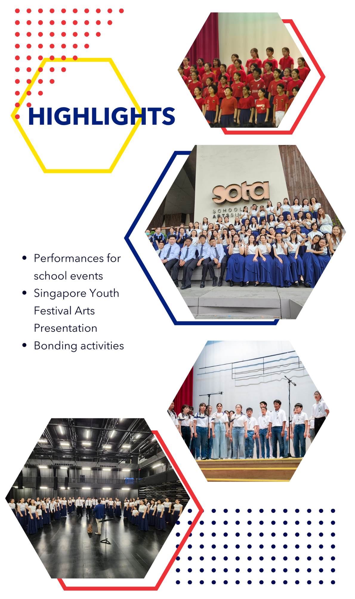 School choir highlights flyer showing four hexagonal photos of student group performances and a SOTA building group shot.