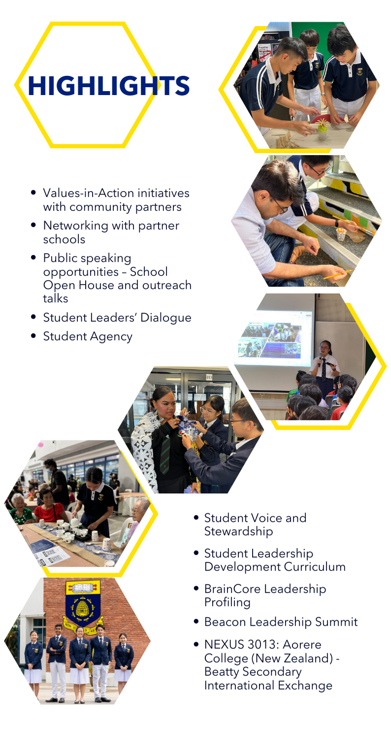 School highlights flyer with hexagon-shaped photos of students in uniforms doing activities and bullet point lists.