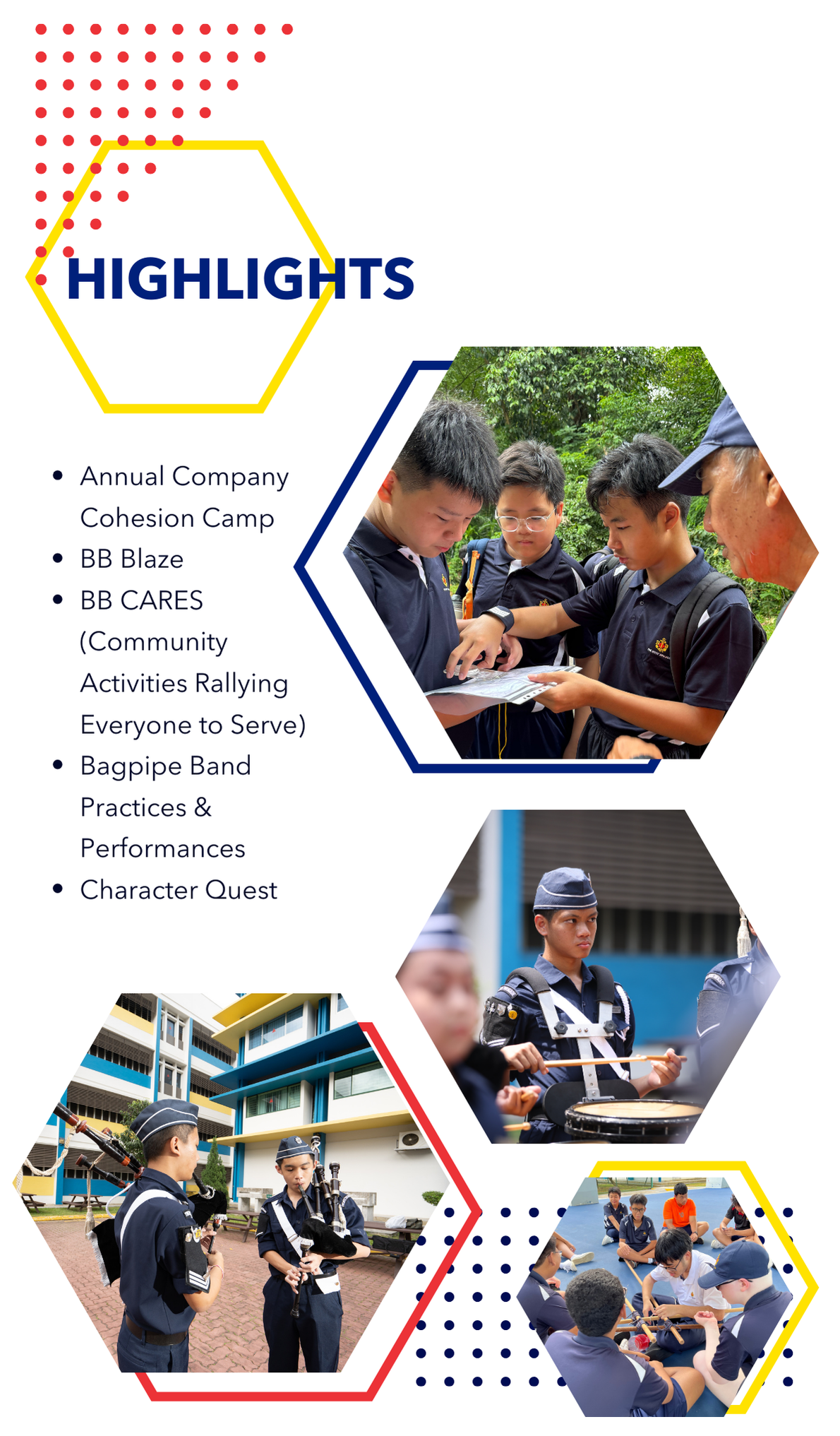 School highlights flyer showing students in uniform doing camp activities, bagpipe band practice, drumming, and group tasks.